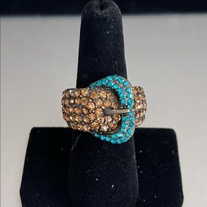 Brown and turquoise Rhinestone stretch ring.